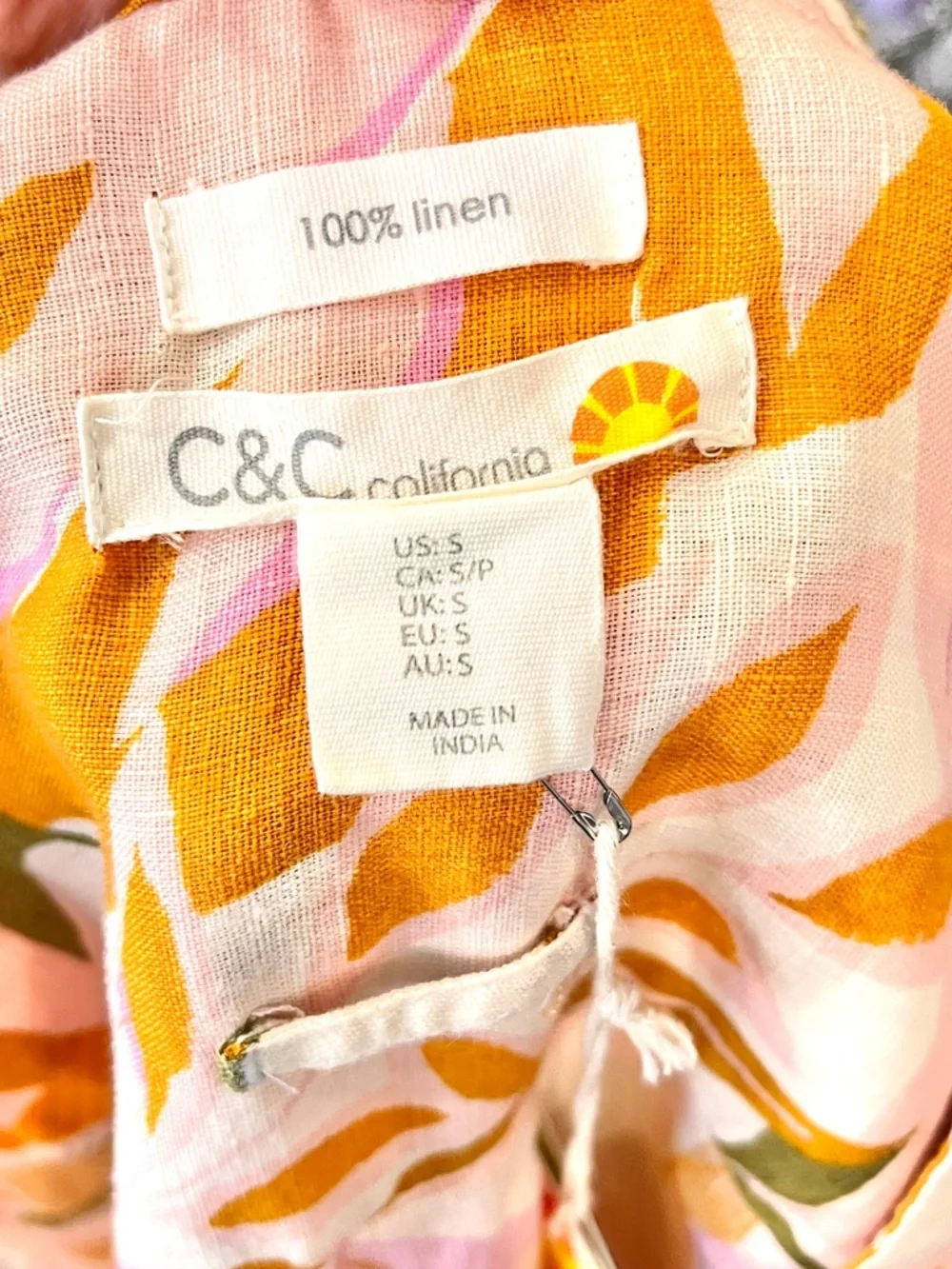 NEW C&C California 100% Linen Dress Multicolor Tropical Leafy Palm Print S NWT - Picture 8 of 9